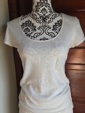Cream Sequin Short Sleeve Scoop Neck Top XS
